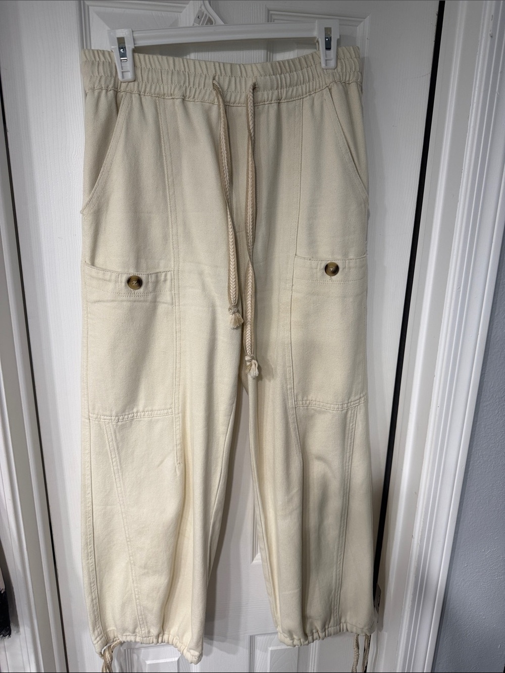 Women’s Boho Cream Drawstring Cargo Jogger Pants
